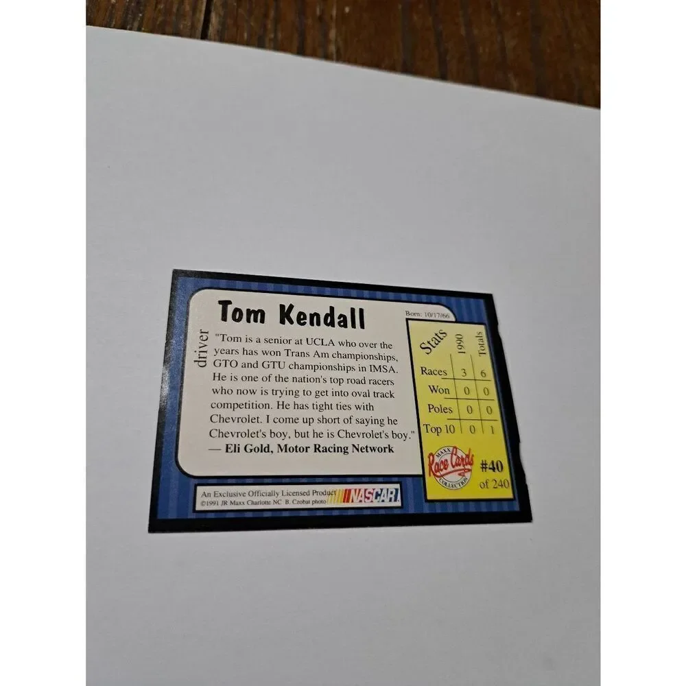 Vintage 1991 Maxx Tom Kendall #40 Race Car Nascar Trading Card